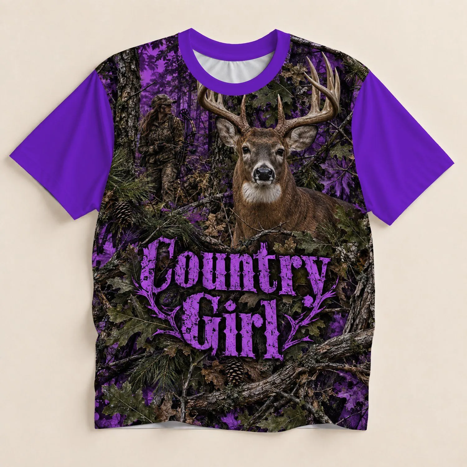 Purple Deer Woodland Camouflage for Country Hunting Days and Outdoor Adventures All-over Print Unisex T-shirt - 1