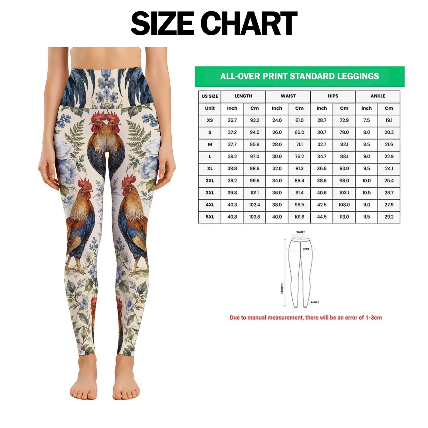 Watercolor Roosters and Blue Florals for Relaxed Country Weekends and Garden Strolls Leggings - 1