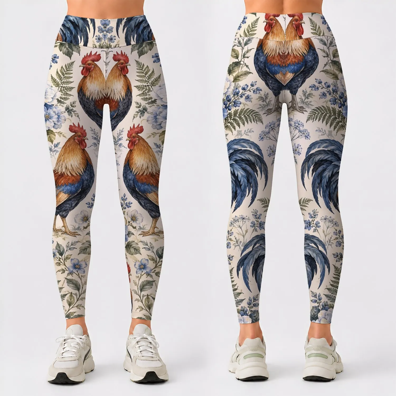 Watercolor Roosters and Blue Florals for Relaxed Country Weekends and Garden Strolls Leggings - 1