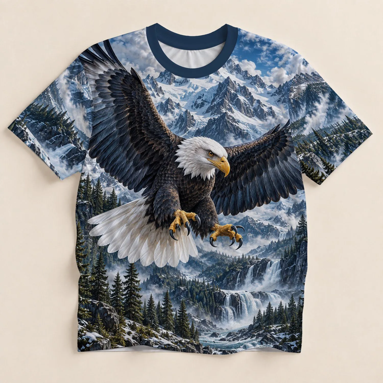 Bald Eagle Over Snowy Mountain Valley for Outdoor Adventure and Wilderness Lovers All-over Print Unisex T-shirt - 1