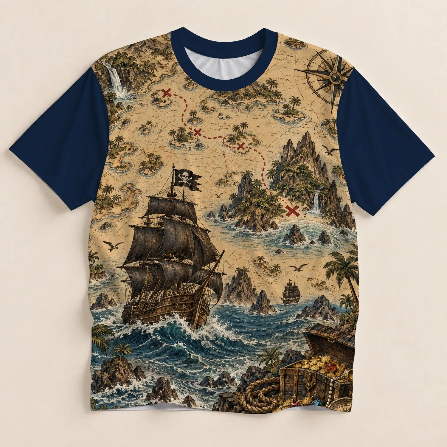 Pirate Treasure Map With Tall Ship For Coastal Adventure And Casual Weekends All-over Print Unisex T-shirt - 1