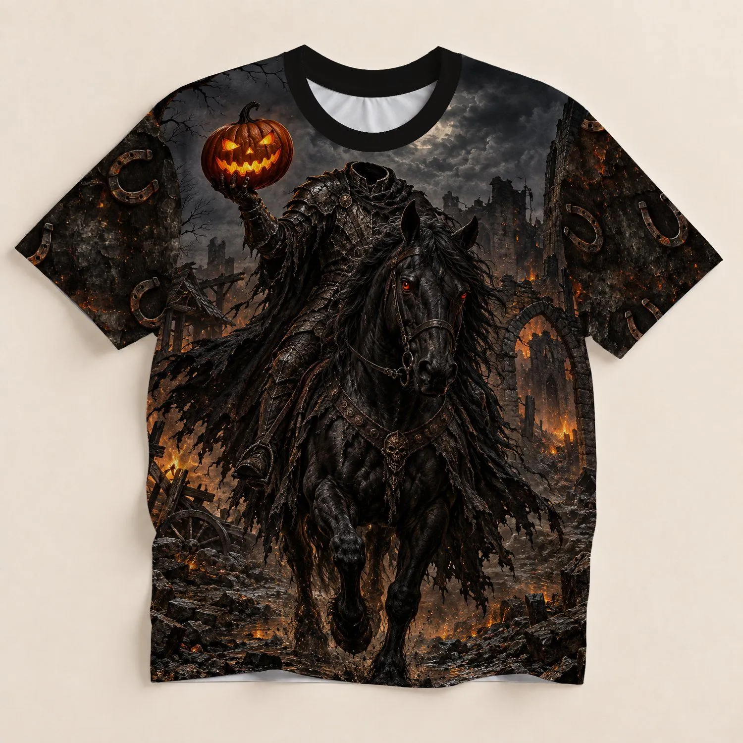 Headless Knight And Glowing Pumpkin Horseback Ride For Halloween Night Enthusiasts All-over Print Unisex T-shirt - 1