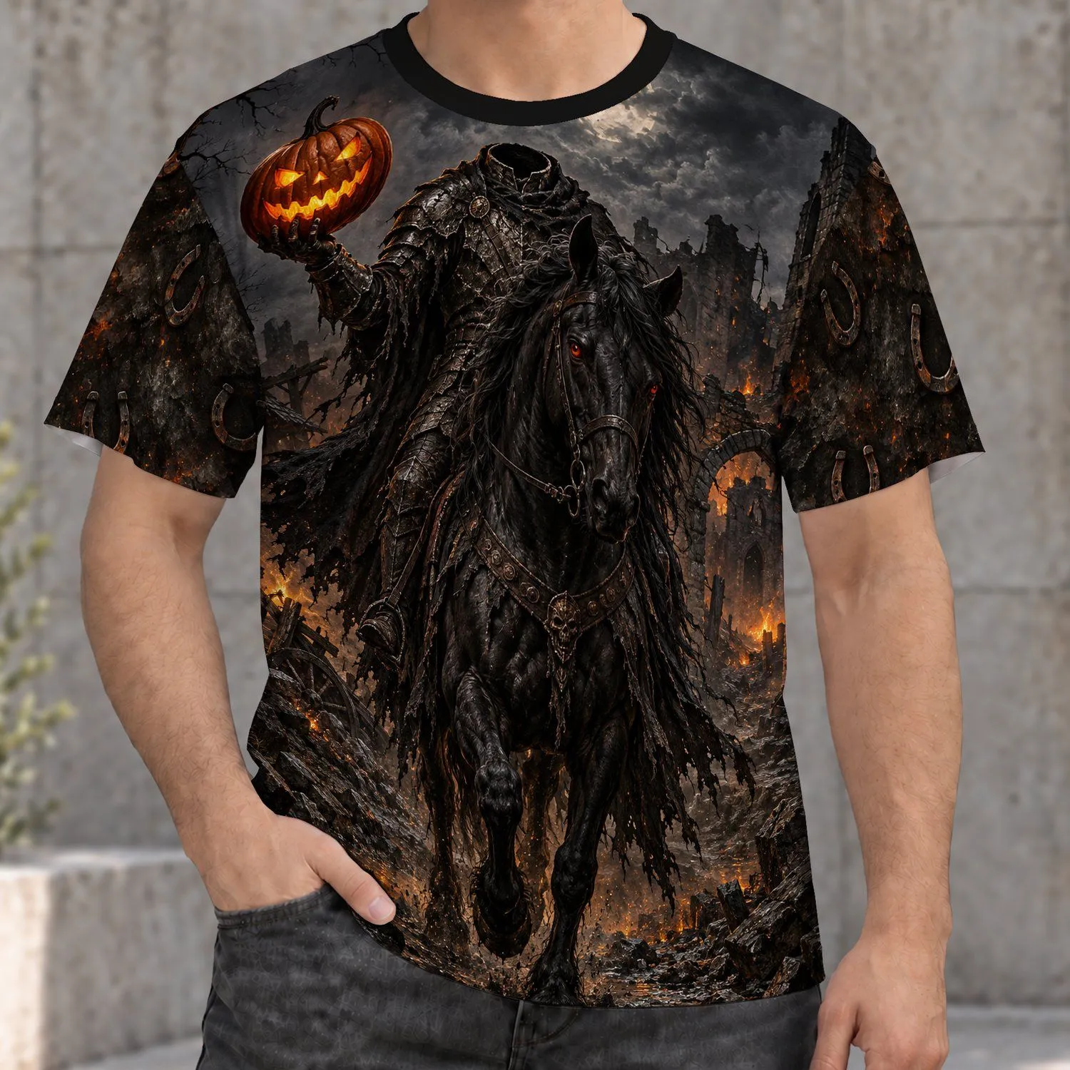 Headless Knight And Glowing Pumpkin Horseback Ride For Halloween Night Enthusiasts All-over Print Unisex T-shirt - 1