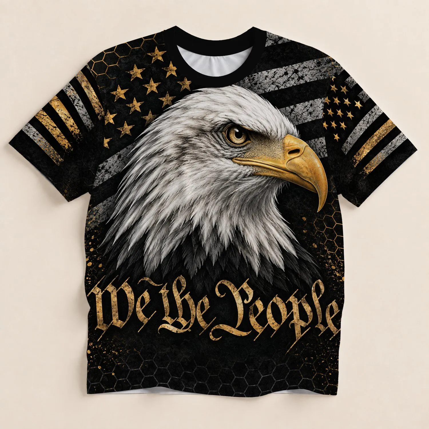 White-Headed Eagle And Gold Stars For Motorcycle Rides And Outdoor Camping All-over Print Unisex T-shirt - 1
