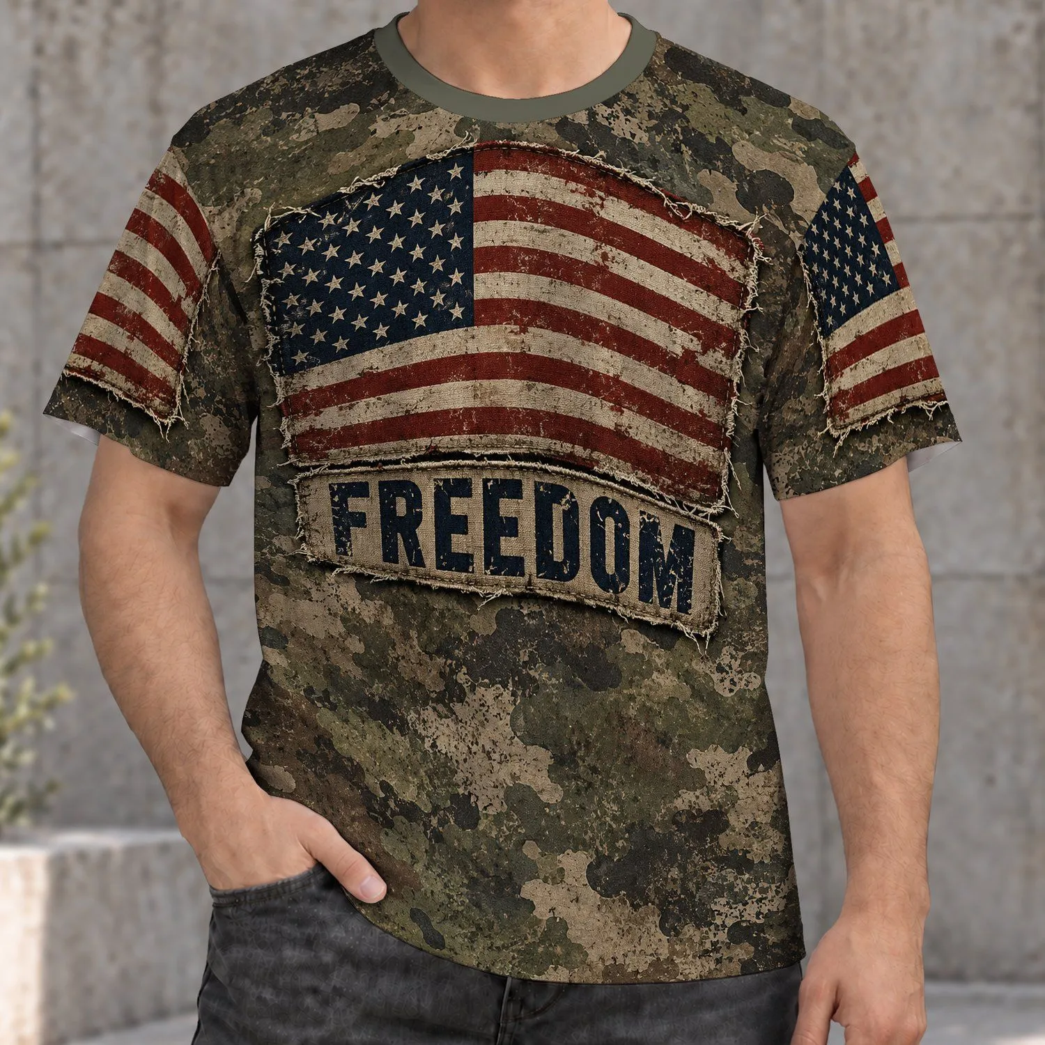 Distressed American Flag And Freedom Emblem For Patriotic Independence Day Wear All-over Print Unisex T-shirt - 1