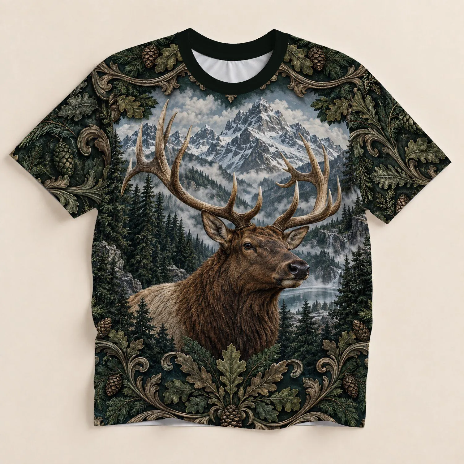 Elk Mountain Forest Scene for Hiking Adventures and Outdoor Nature Lovers Gift All-over Print Unisex T-shirt - 1