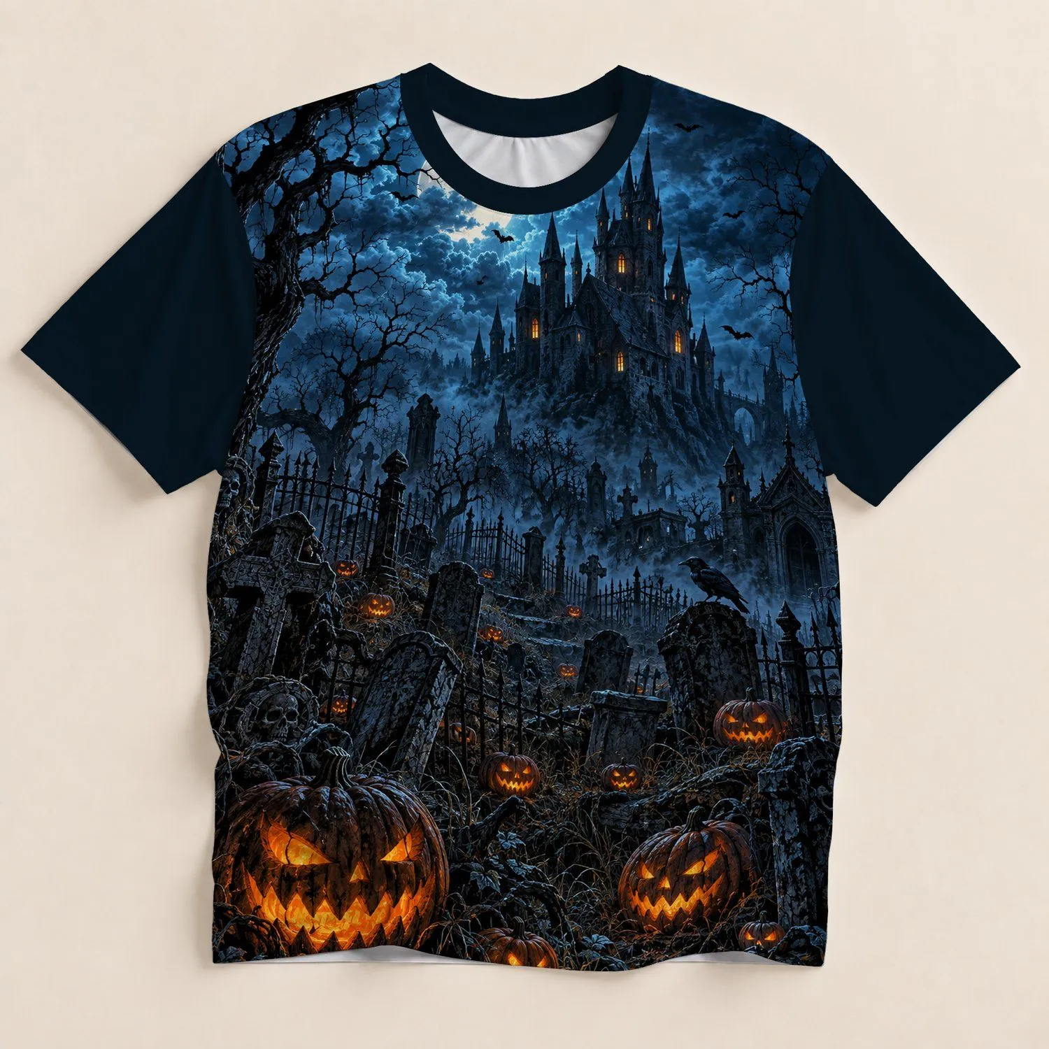 Haunted Pumpkin Cemetery Under Moonlight for Halloween Parties and Autumn Nights All-over Print Unisex T-shirt - 1