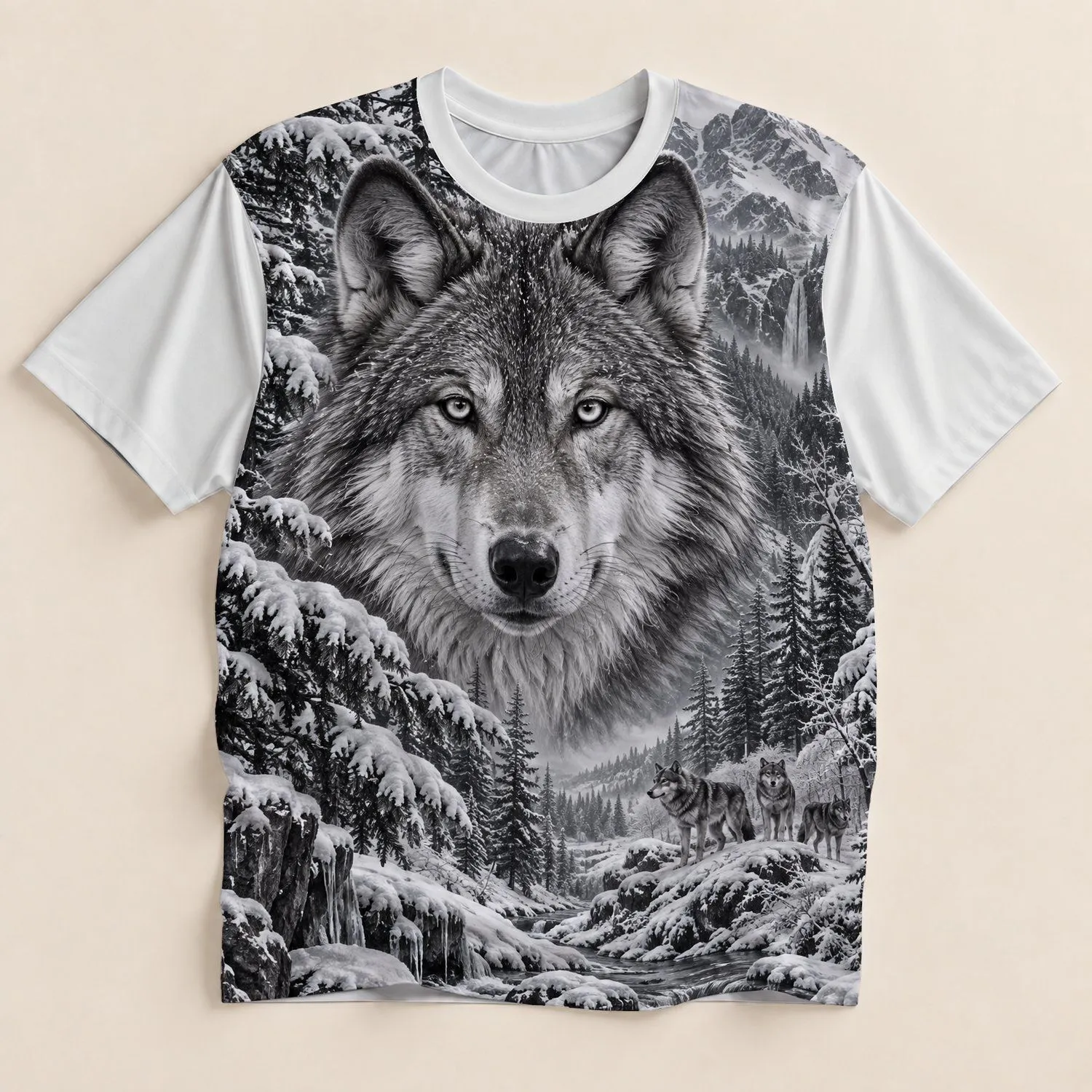 Arctic Wolf Snowfield Wilderness Scene for Winter Outdoor Adventures and Nature Lovers All-over Print Unisex T-shirt - 1