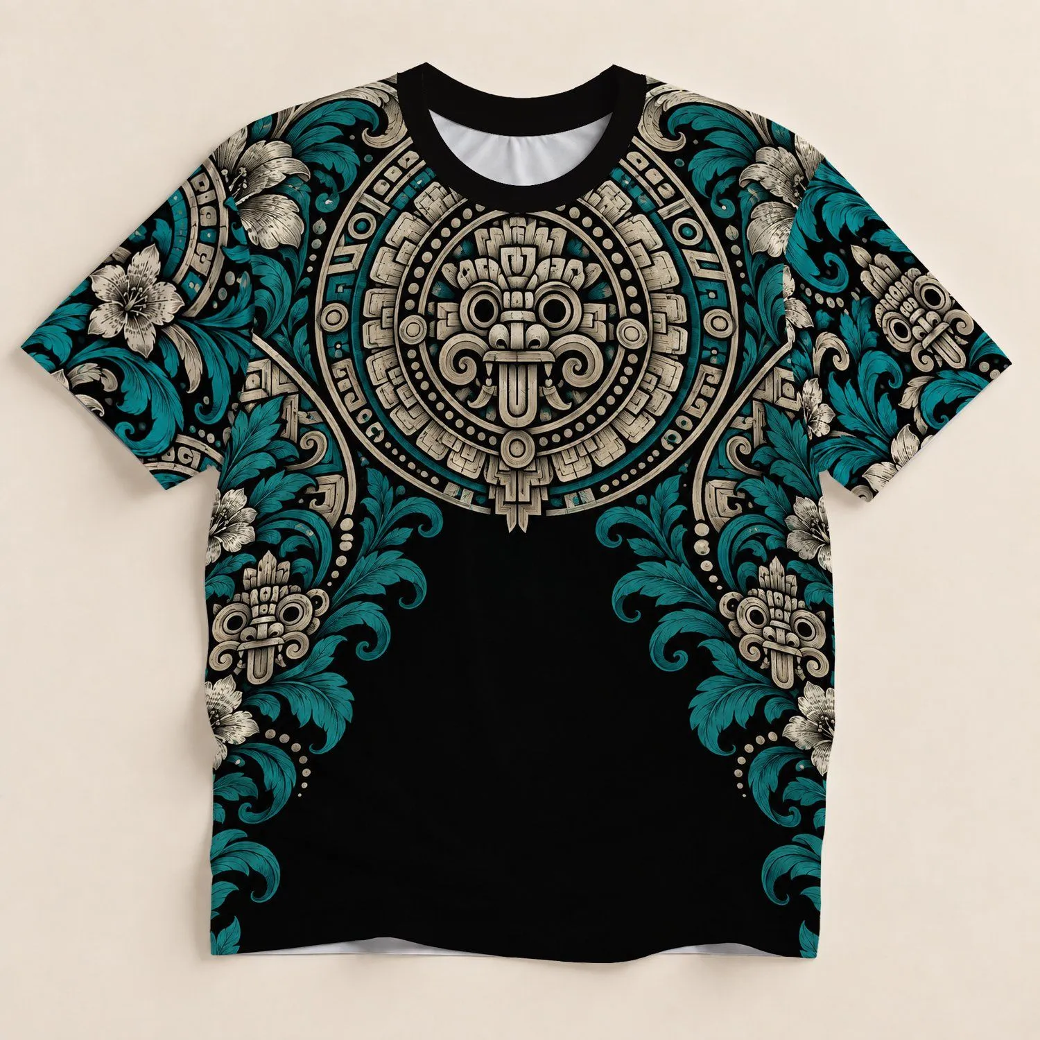 Mayan Ceremonial Medallion and Teal Botanicals for Cultural Travel and Daily Wear All-over Print Unisex T-shirt - 1