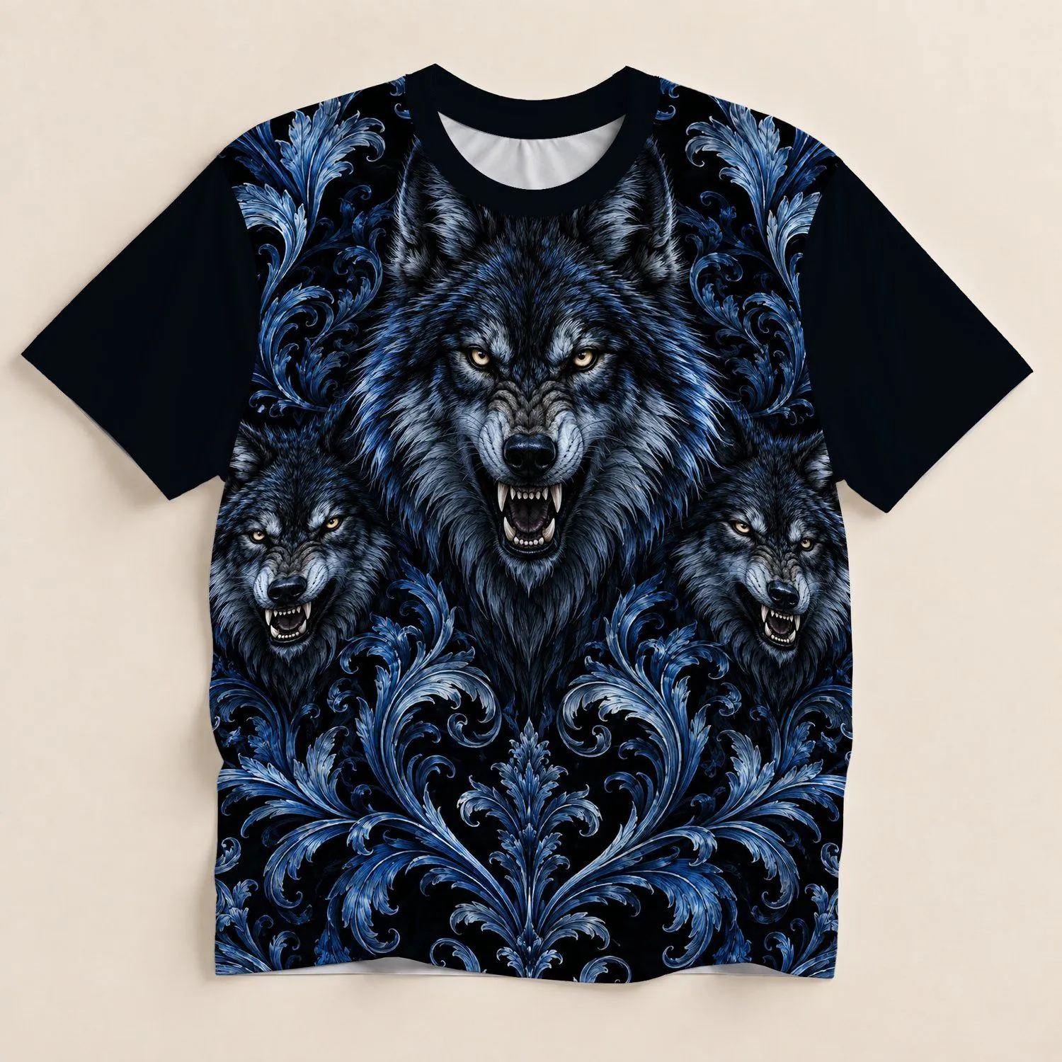 Baroque Wolf and Blue Filigree for Parties, Nightlife and Everyday Wear All-over Print Unisex T-shirt - 1