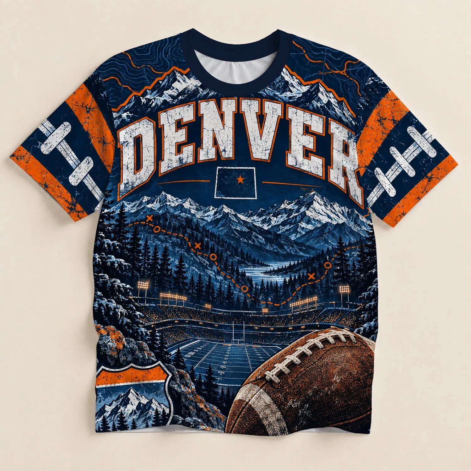 Denver Mountain Football Nightscape for Game Day and Colorado Outdoor Adventure Fans All-over Print Unisex T-shirt - 1