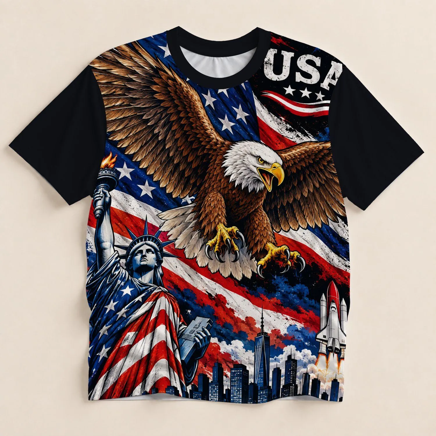 Bald Eagle, Liberty Statue and American Flag for Patriotic Independence Day Celebrations All-over Print Unisex T-shirt - 1