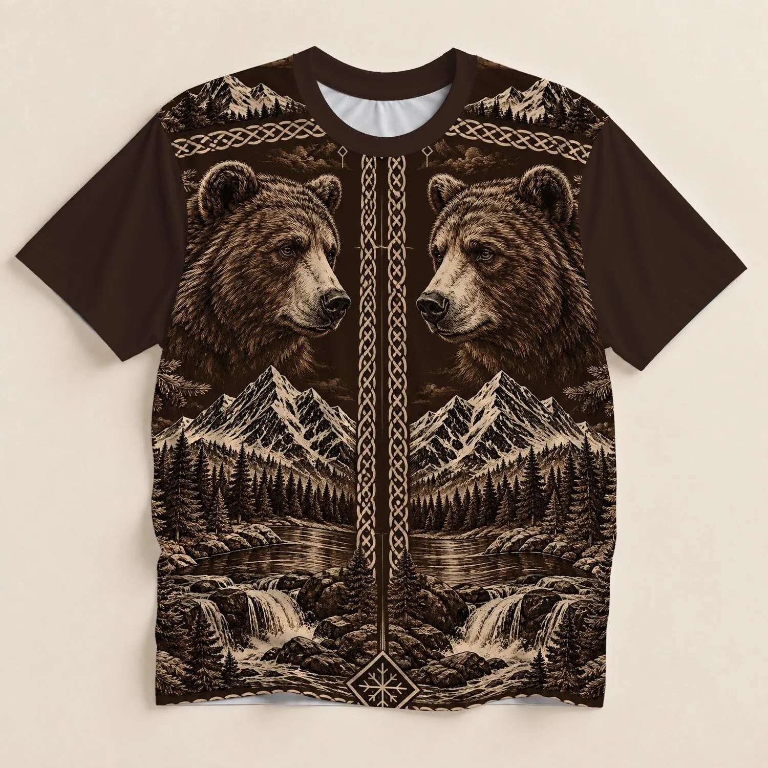 Twin Nordic Bears, Runes and Alpine Forests for Winter Outdoor Adventures All-over Print Unisex T-shirt - 1