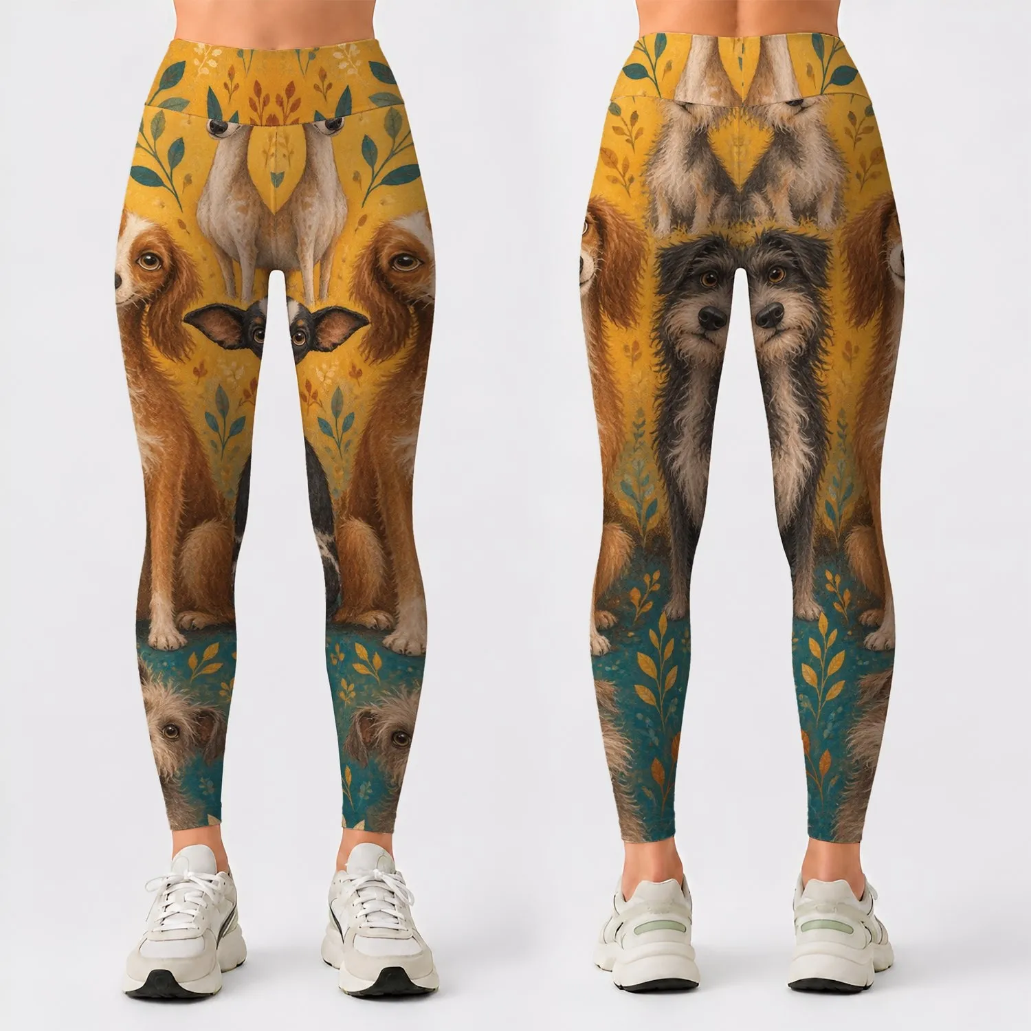 Whimsical Dog Faces in Golden Ochre for Cheerful Everyday Style for Women and Dog Lovers Leggings - 1