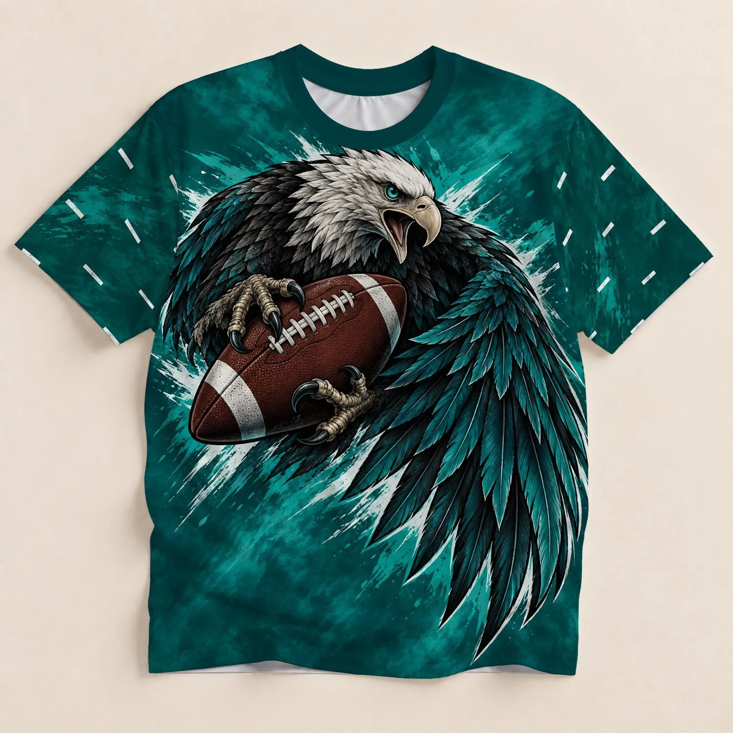 Teal Eagle Clutching Football for Game Day Energy and Stadium Saturday Tailgates All-over Print Unisex T-shirt - 1