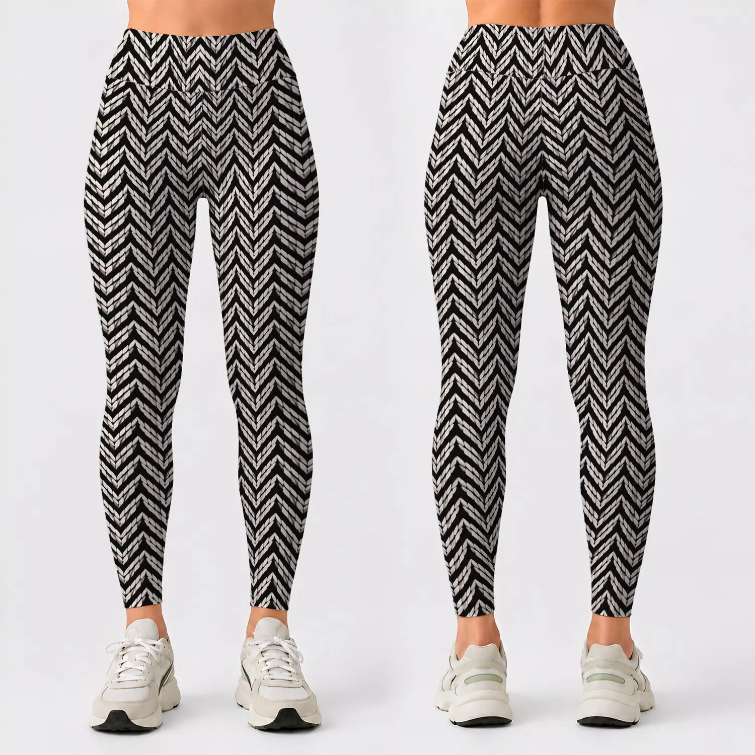 Black And Ivory Herringbone Chevron Motif For Polished Everyday City Outfits For Women Leggings - 1