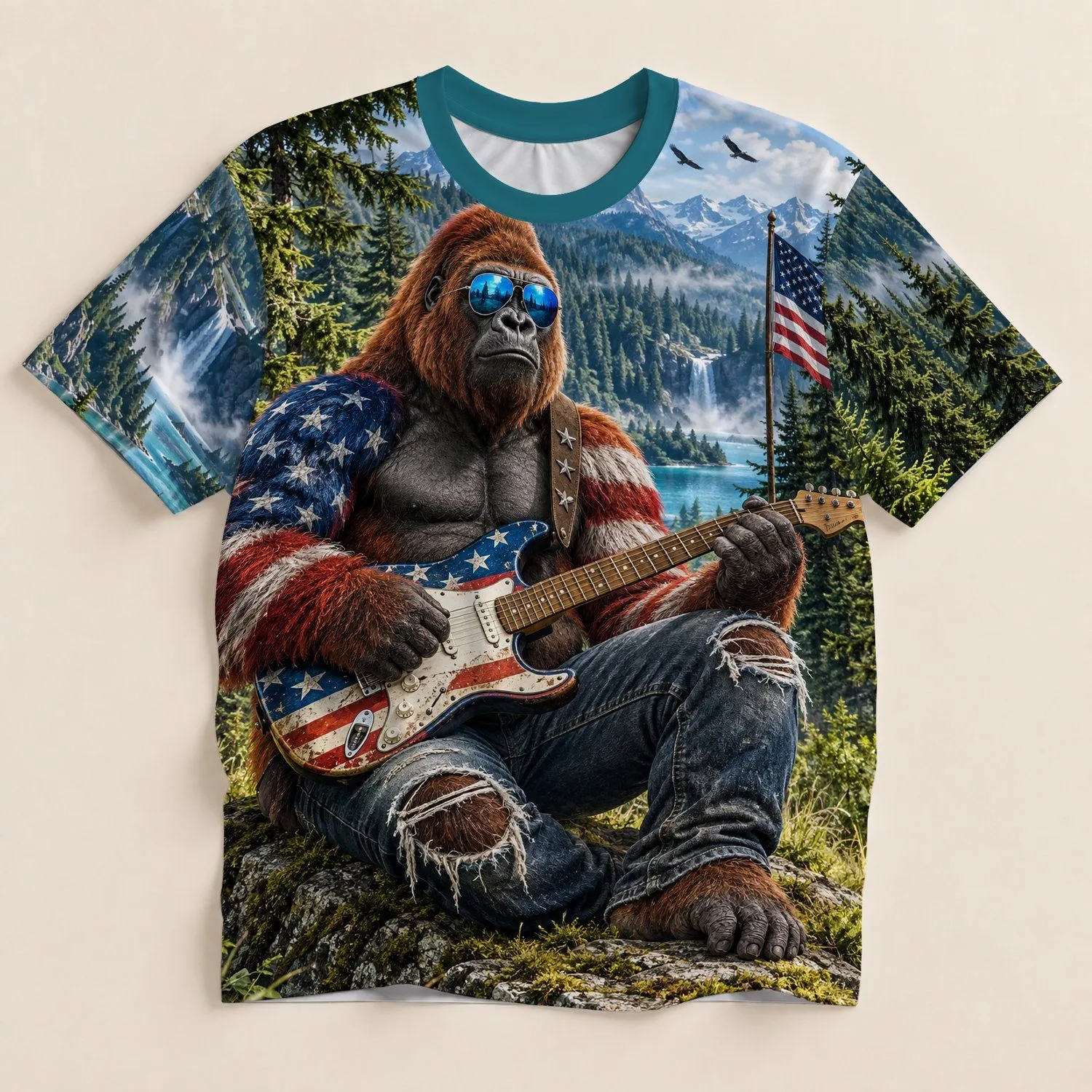 American Flag Guitar And Forest Gorilla Scene For Patriotic Music Lovers All-over Print Unisex T-shirt - 1