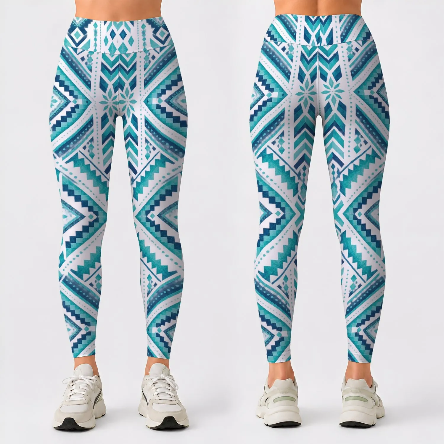 Teal Black Geometric Motif For Everyday Casual Style And Weekend Athleisure For Women Leggings - 1
