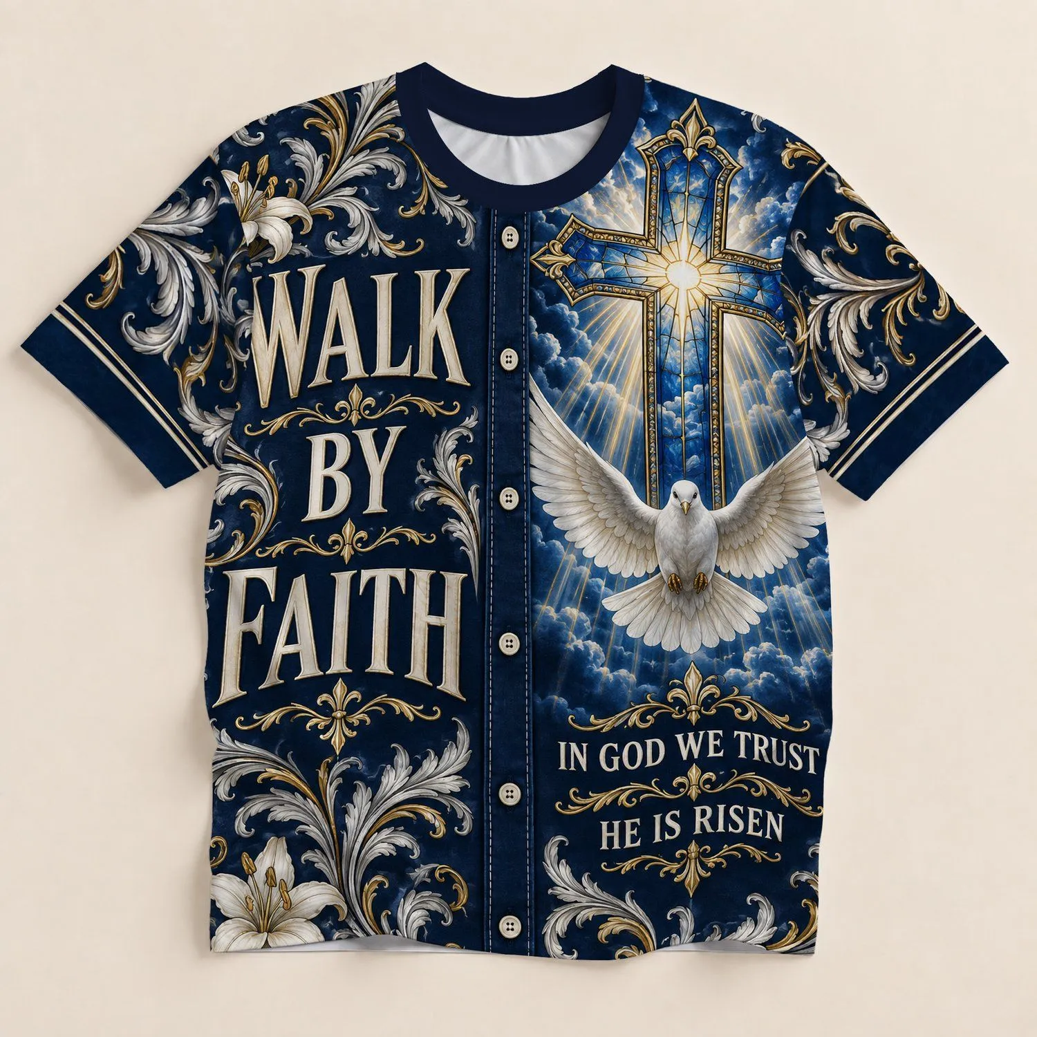 Navy Cross And Dove Faith Motif For Worship And Everyday Wear All-over Print Unisex T-shirt - 1