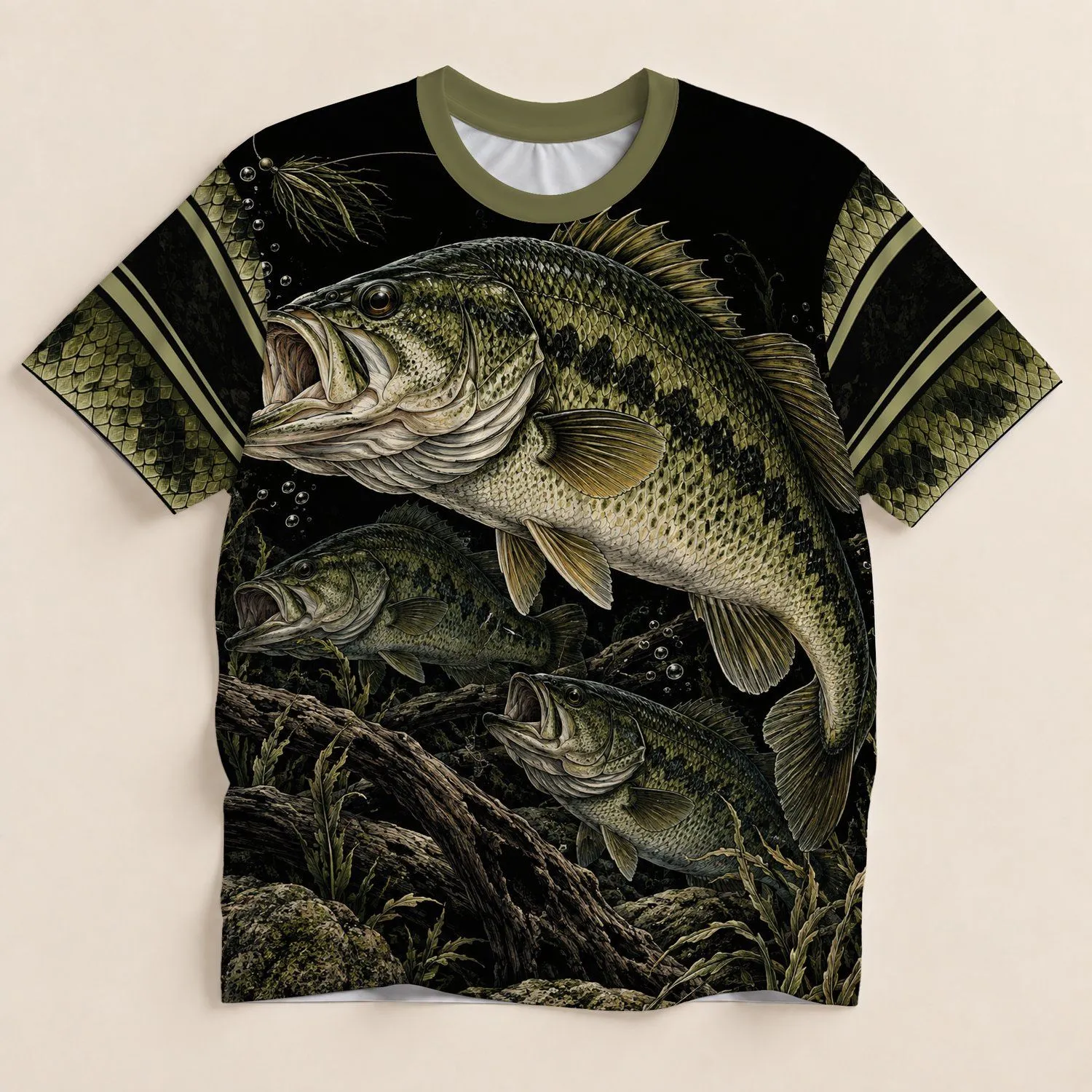 Largemouth Bass Fishing Scene for Lakeside Anglers and Outdoor Adventure Lovers All-over Print Unisex T-shirt - 1