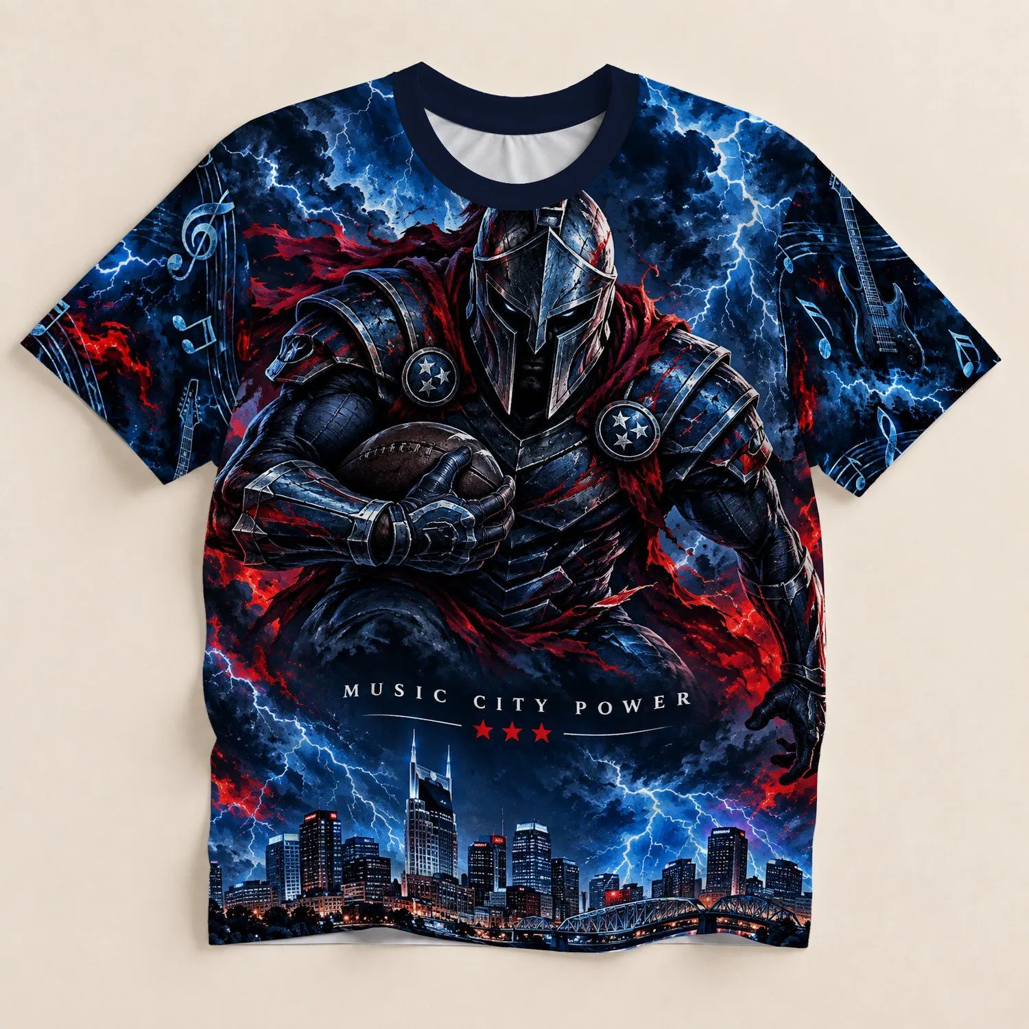 Armored Football Warrior and Stormy City Skyline for Game Day Hometown Fans All-over Print Unisex T-shirt - 1