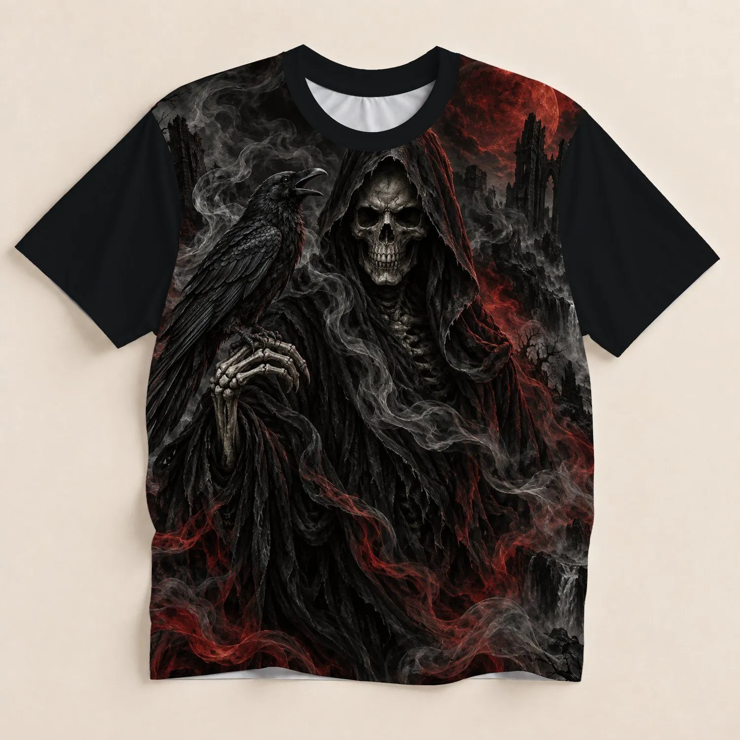 Gothic Grim Reaper and Raven for Halloween Parties and Year-Round Dark Outfit Style All-over Print Unisex T-shirt - 1