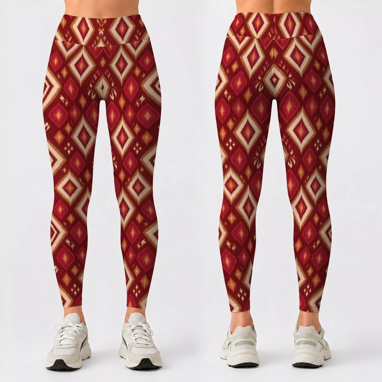 Ruby And Ivory Geometric Rhombus Motifs For Polished City Days And Weekend Getaways Leggings - 1