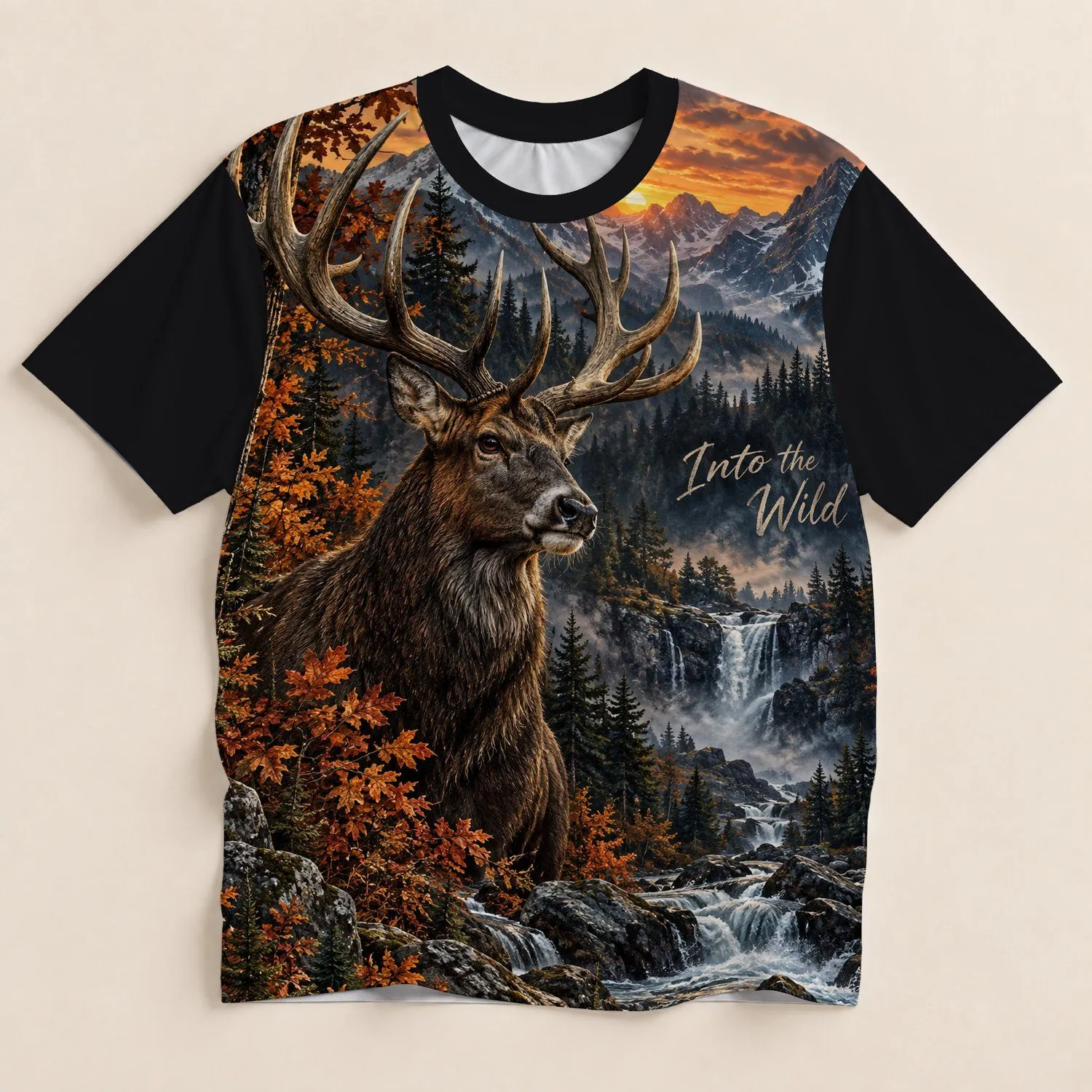 Majestic Deer, Waterfall and Autumn Forest for Hiking, Hunting and Camping Adventures All-over Print Unisex T-shirt - 1