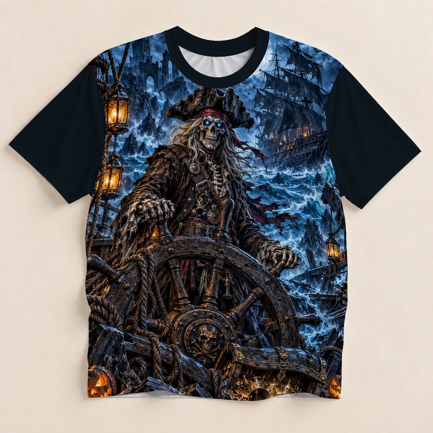 Skeleton Pirate Treasure at Haunted Helm for Halloween Parties and Spooky Nights All-over Print Unisex T-shirt - 1
