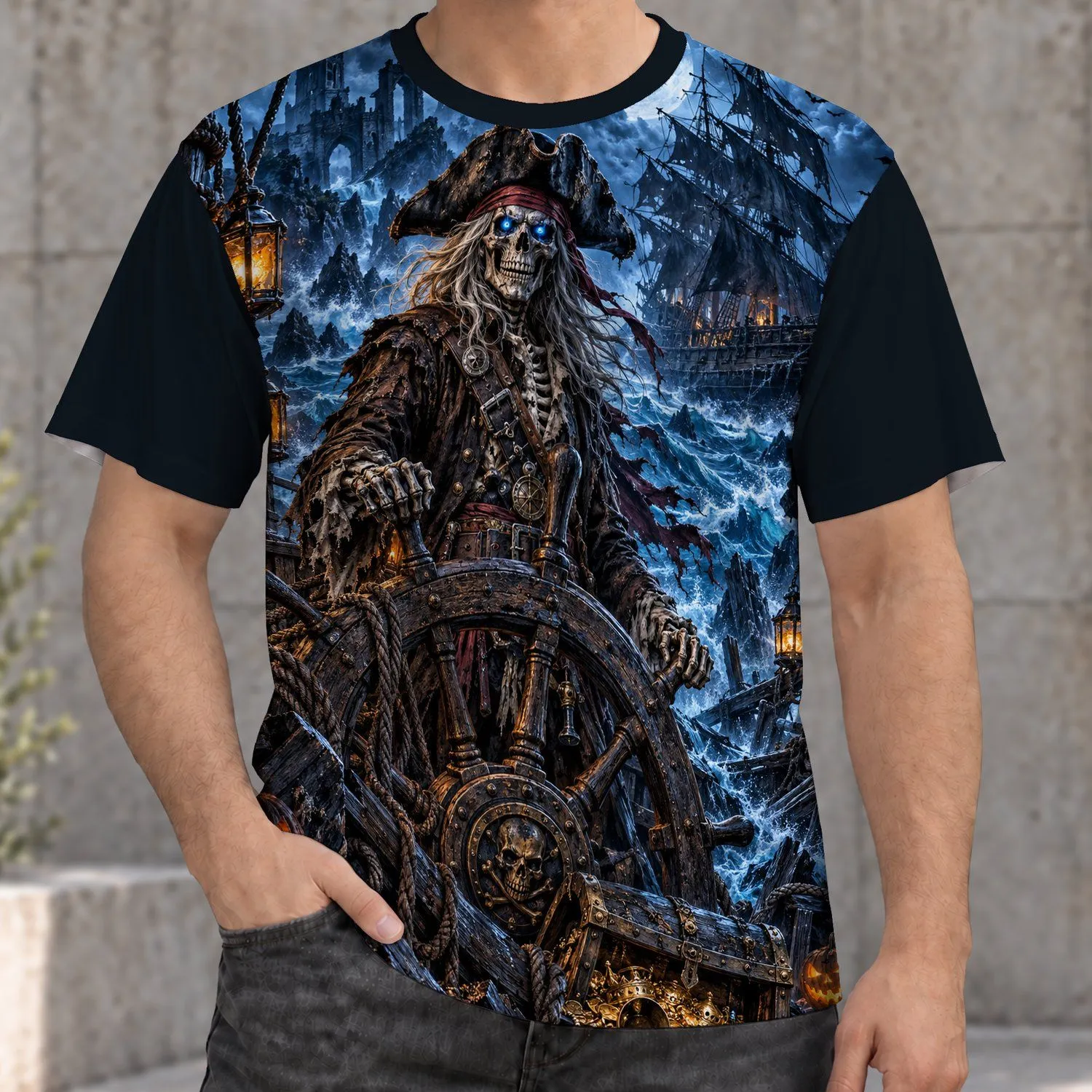 Skeleton Pirate Treasure at Haunted Helm for Halloween Parties and Spooky Nights All-over Print Unisex T-shirt - 1