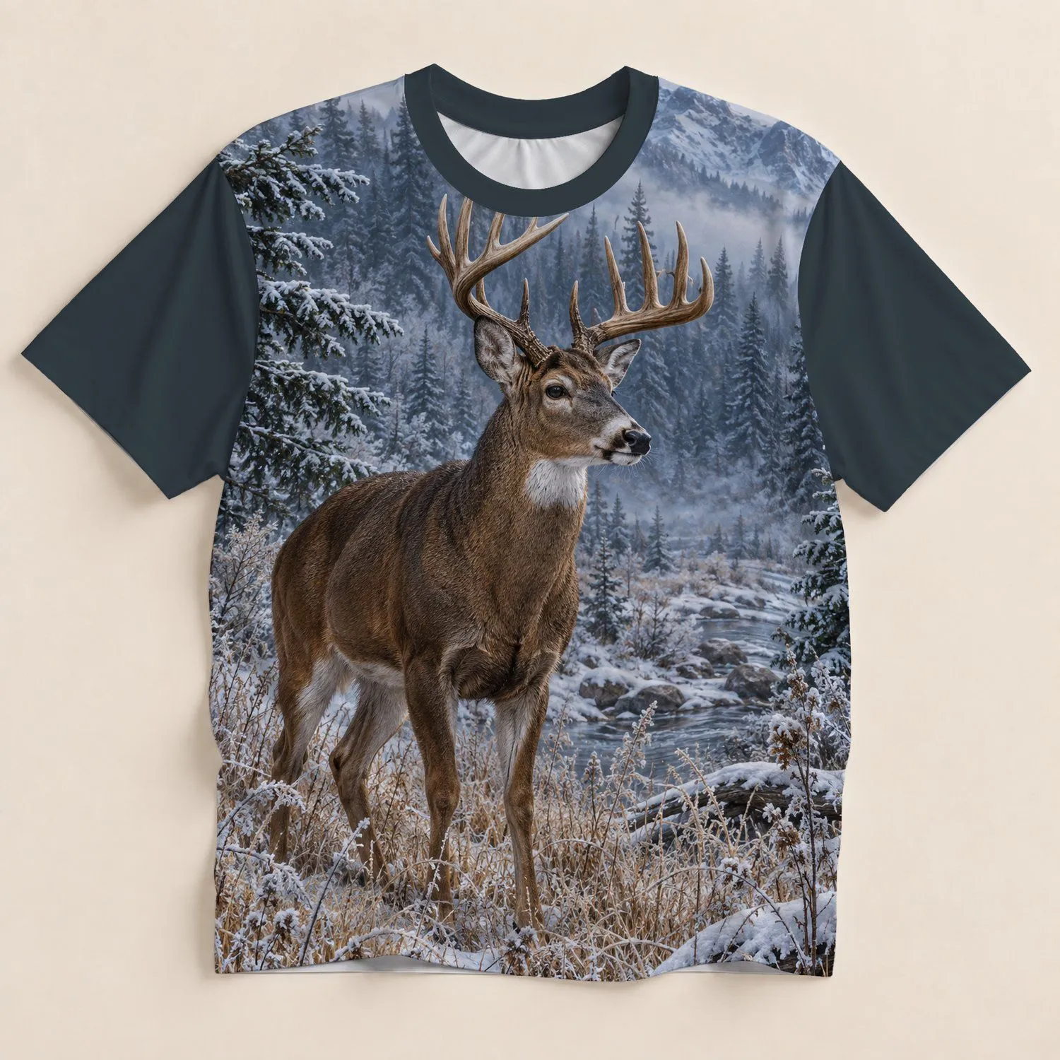 Whitetail Buck in Frosted Forest for Winter Hunting and Outdoor Scouting Adventures All-over Print Unisex T-shirt - 1