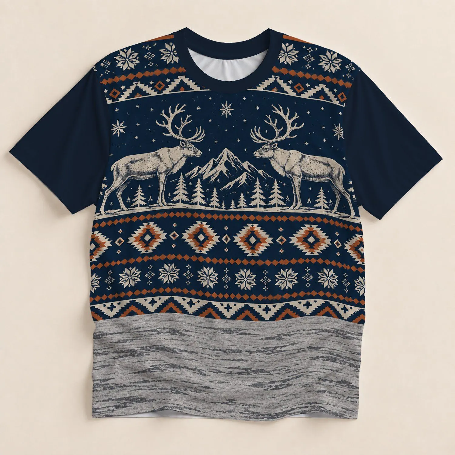 Christmas Reindeer Snowflakes and Alpine Forest for Holiday Camping and Outdoor Gifts All-over Print Unisex T-shirt - 1