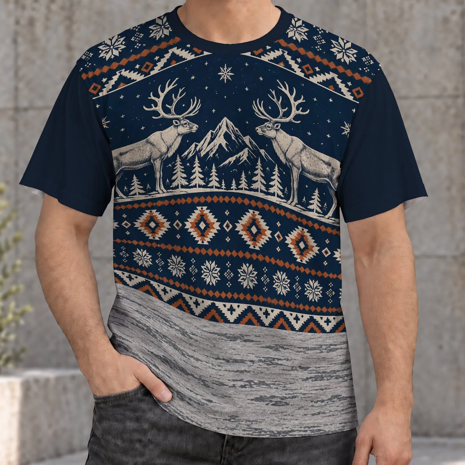 Christmas Reindeer Snowflakes and Alpine Forest for Holiday Camping and Outdoor Gifts All-over Print Unisex T-shirt - 1