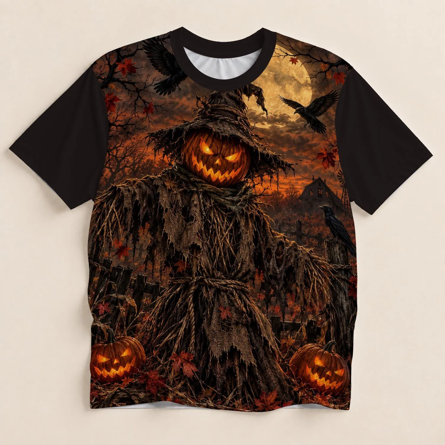Glowing Jack O Lantern Scarecrow for Halloween Nights and Autumn Gatherings All-over Print Unisex T-shirt - 1