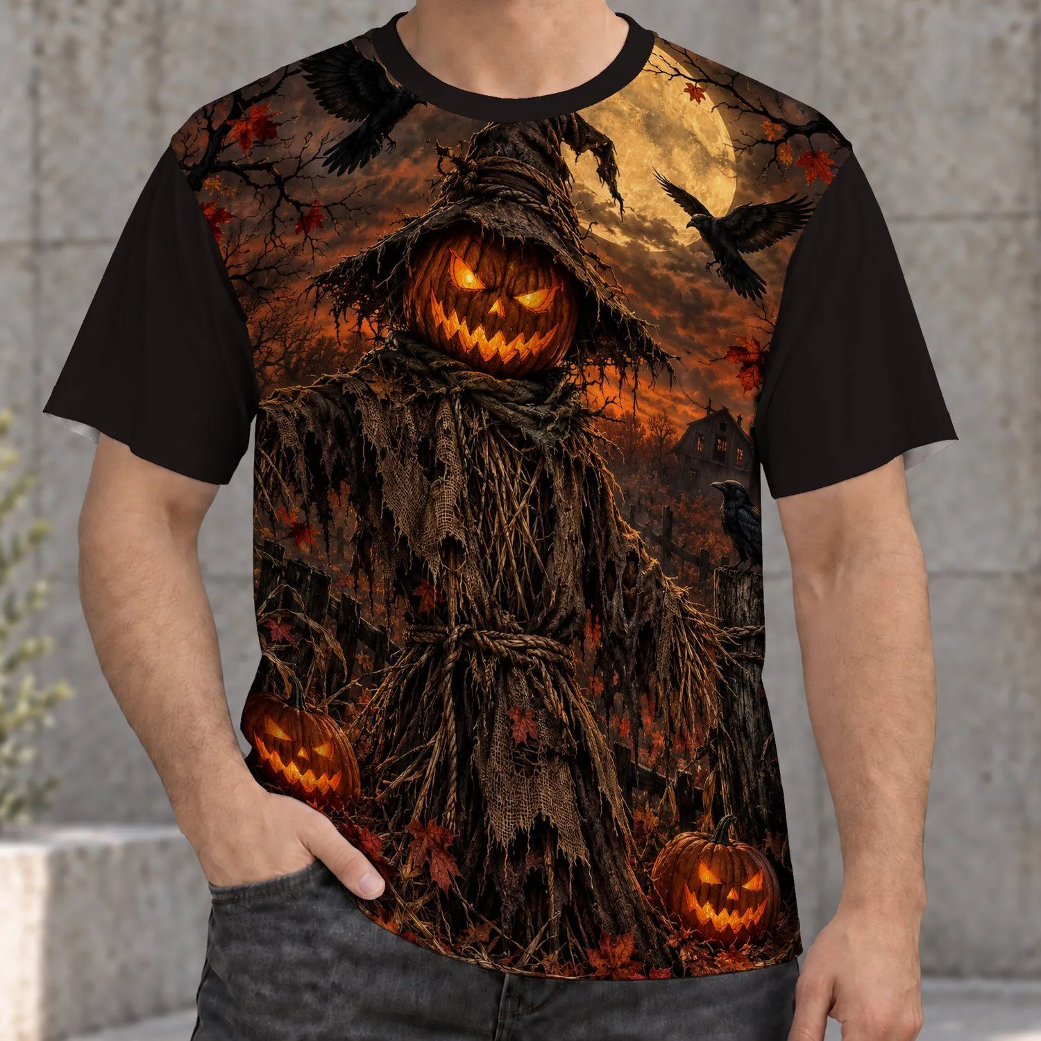 Glowing Jack O Lantern Scarecrow for Halloween Nights and Autumn Gatherings All-over Print Unisex T-shirt - 1