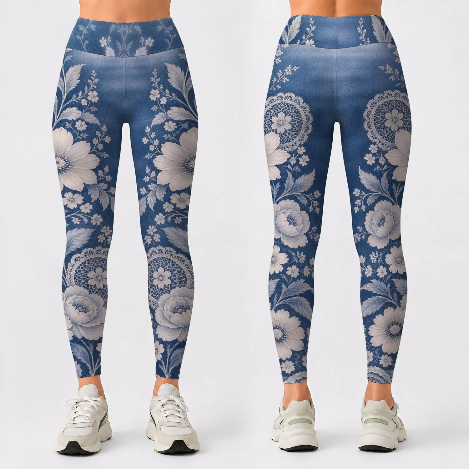 Vintage Blue Denim-Inspired Florals for Elegant Casual Outings and Everyday Bohemian Style Leggings - 1