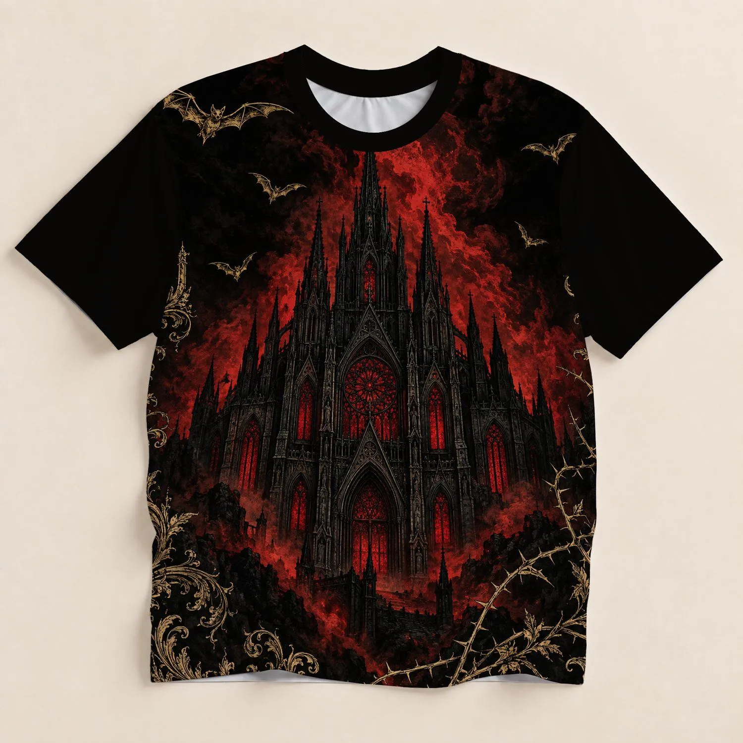 Gothic Cathedral, Crimson Smoke And Bats For Dark Nightlife And Halloween Gatherings All-over Print Unisex T-shirt - 1