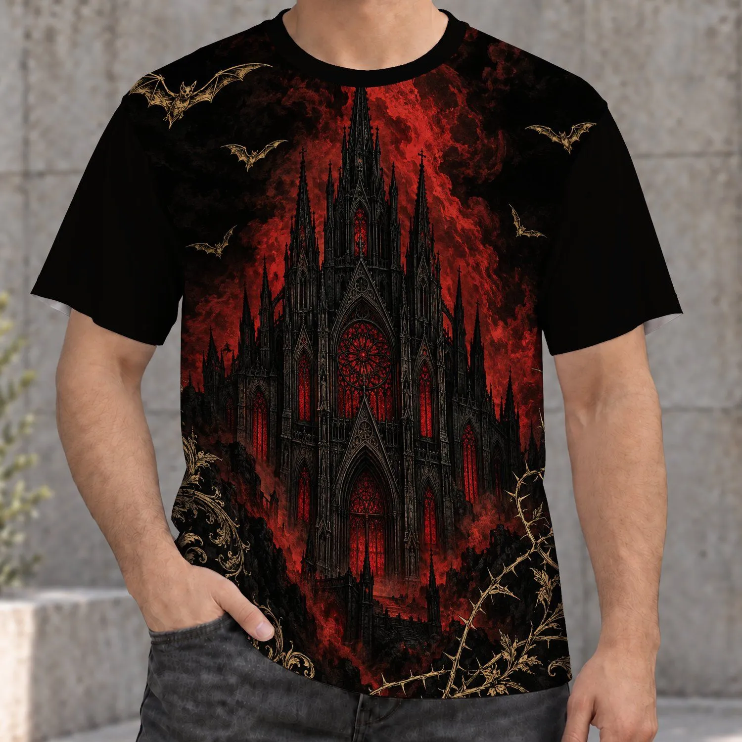 Gothic Cathedral, Crimson Smoke And Bats For Dark Nightlife And Halloween Gatherings All-over Print Unisex T-shirt - 1