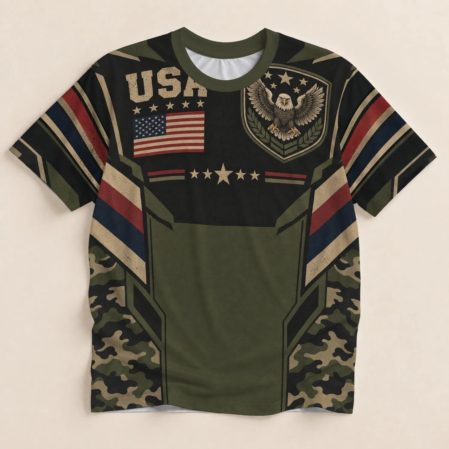 Eagle and Flag Camouflage for Patriotic Outdoor Travel and Everyday Wear All-over Print Unisex T-shirt - 1