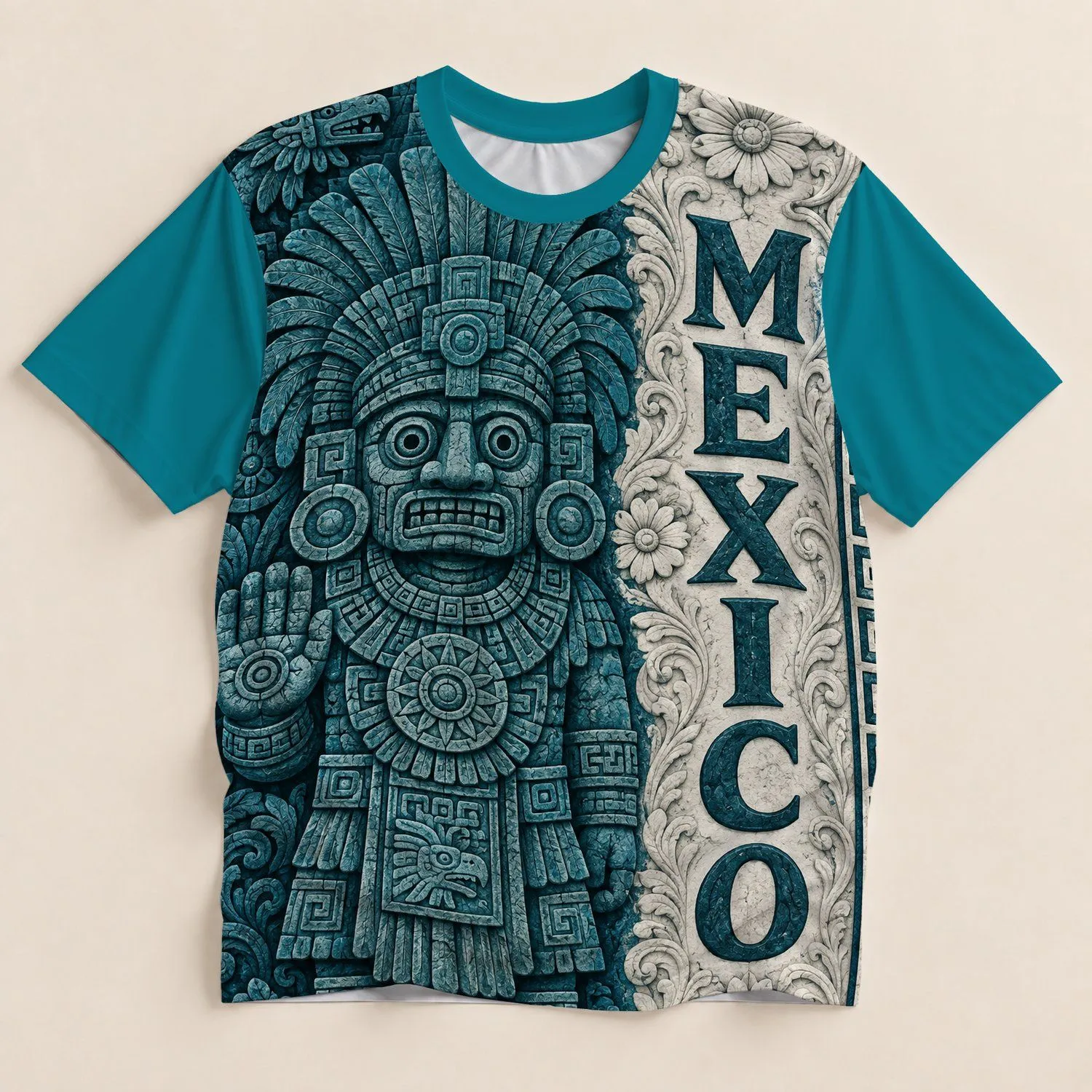 Carved Teal Mexico Stonework for Everyday Style and Cultural Heritage Fans All-over Print Unisex T-shirt - 1