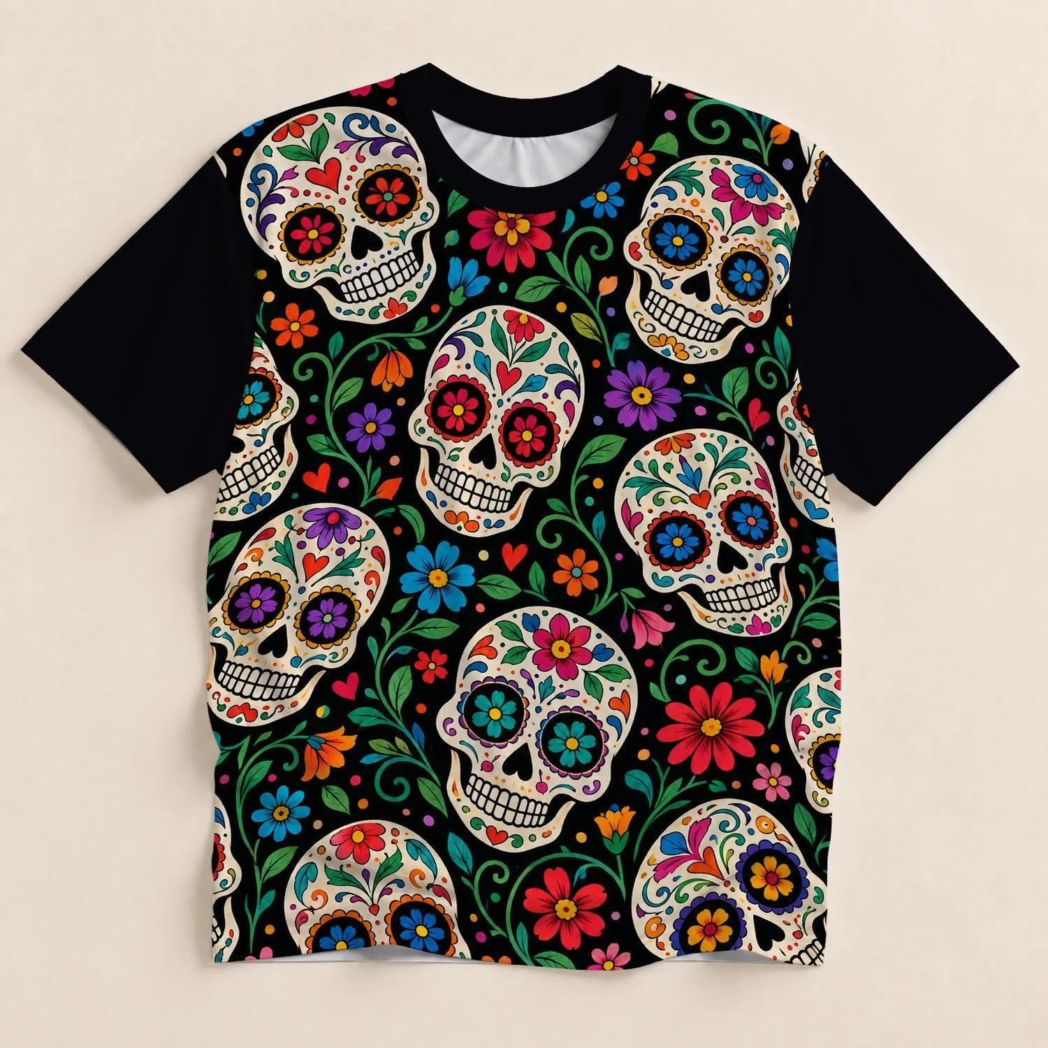 Colorful Floral Sugar Skulls for Festive Summer Celebrations and Weekend Getaways All-over Print Unisex T-shirt - 1