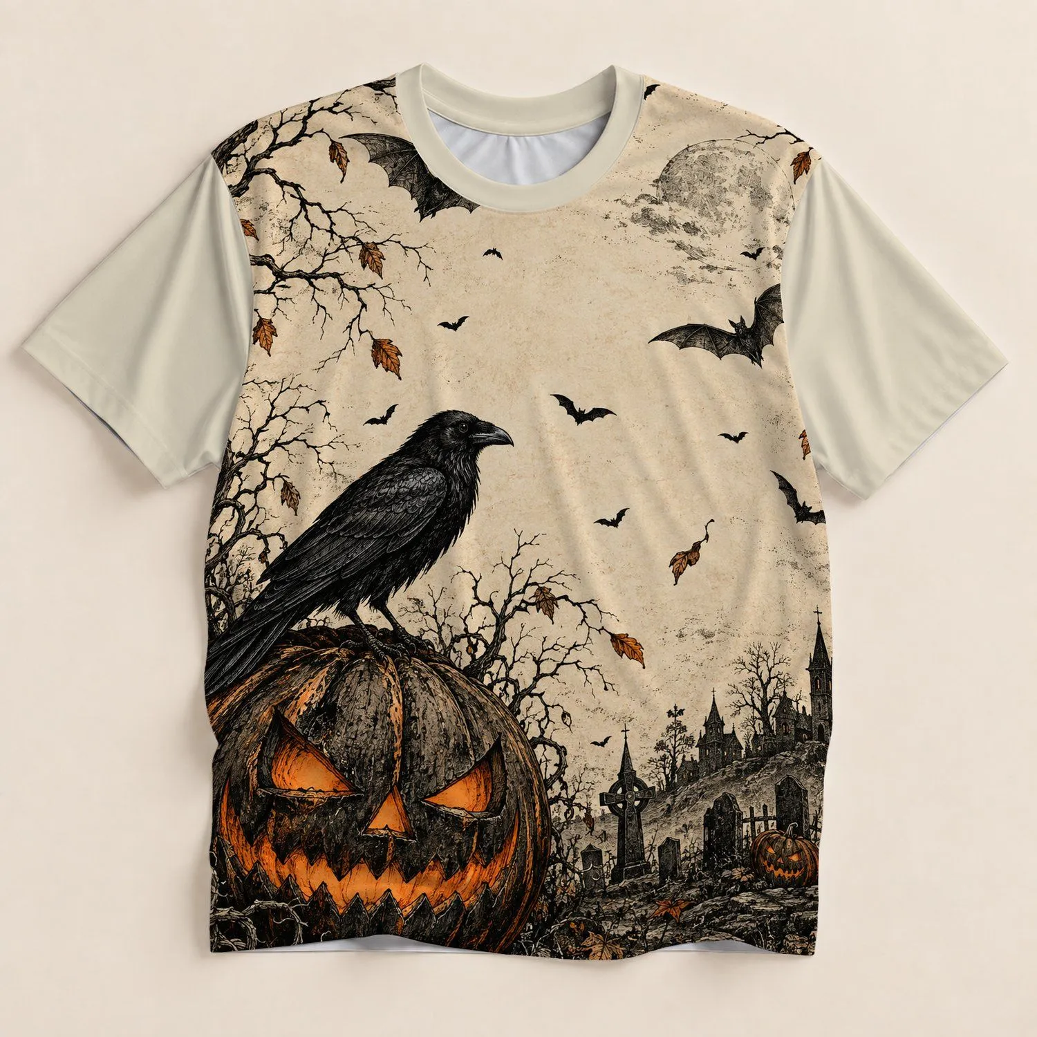 Raven Pumpkin Graveyard Halloween Scene For Autumn Seasonal Wear All-over Print Unisex T-shirt - 1