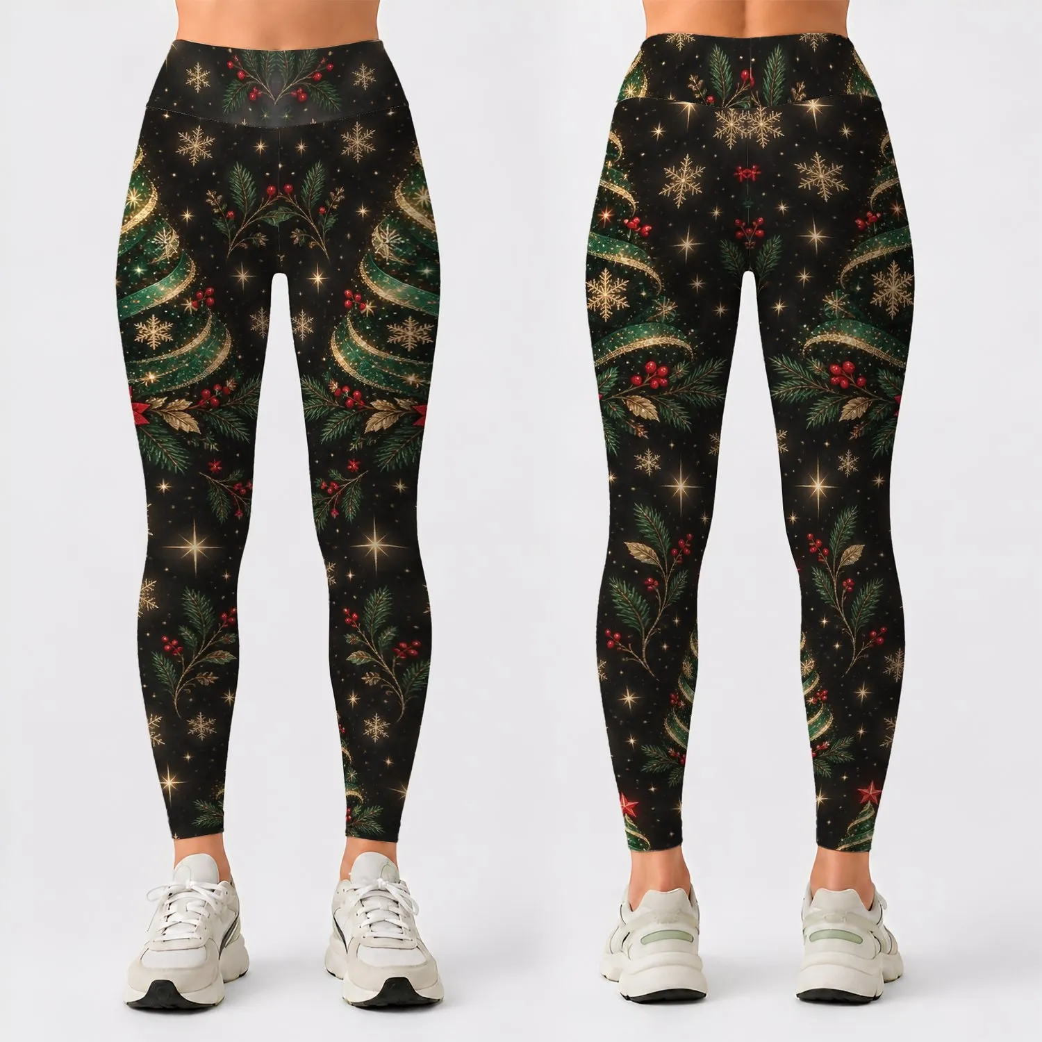 Emerald Christmas Trees And Golden Snowflakes For Elegant Holiday Celebrations Leggings - 1