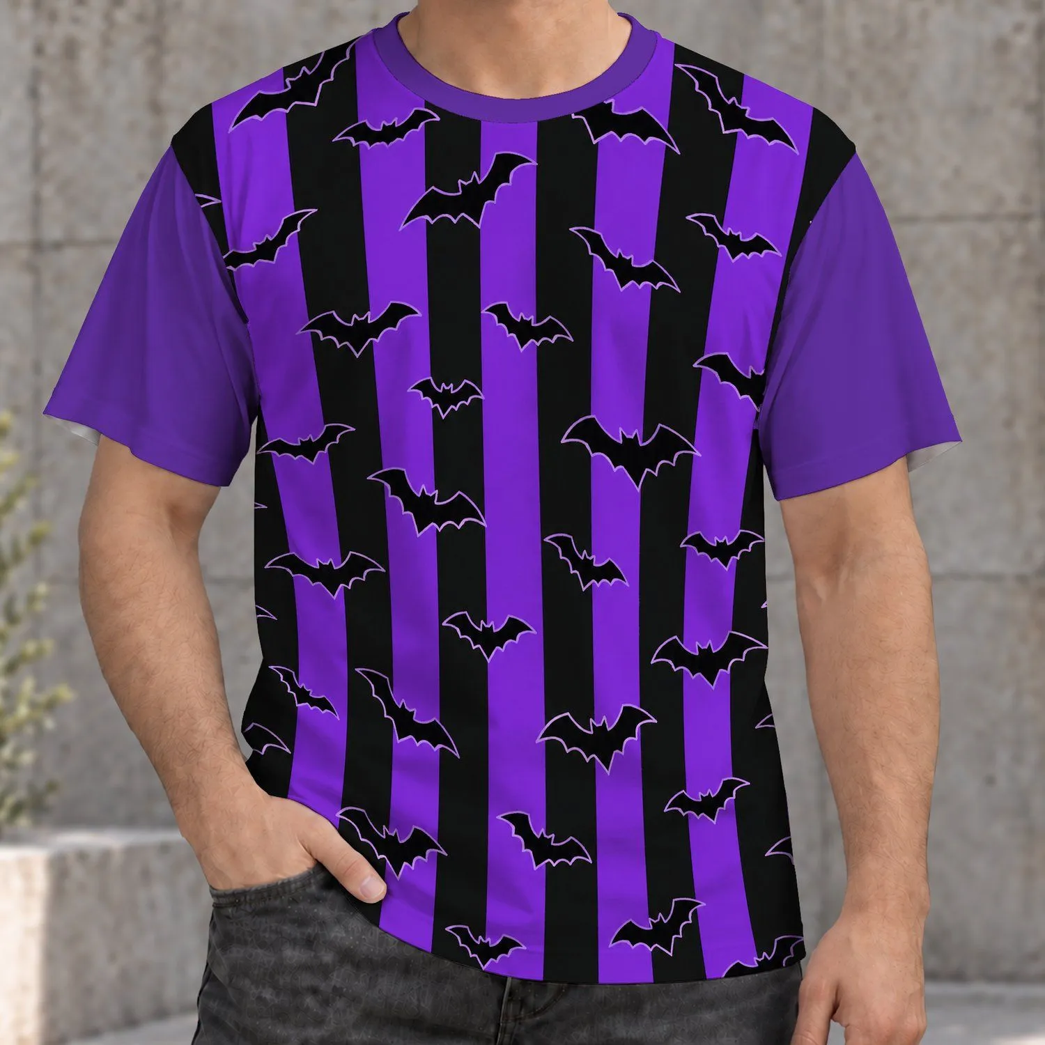 Purple Black Bat Silhouette Halloween Stripes for Spooky Party Nights All-over Print Unisex T-shirt - 1