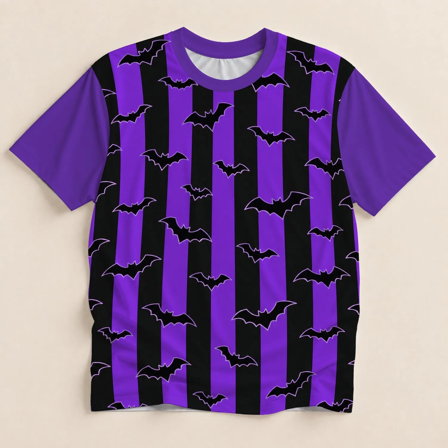 Purple Black Bat Silhouette Halloween Stripes for Spooky Party Nights All-over Print Unisex T-shirt - 1