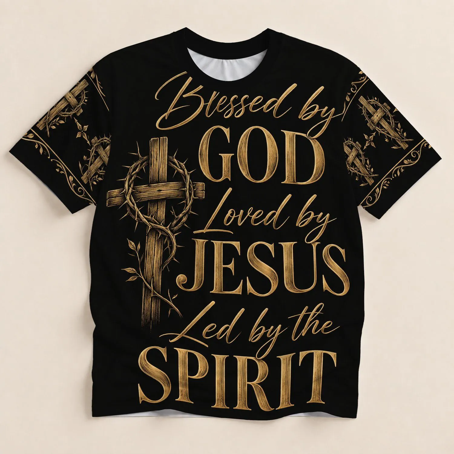 Gold Cross And Crown Of Thorns Faith Message For Church Worship And Daily Devotion All-over Print Unisex T-shirt - 1