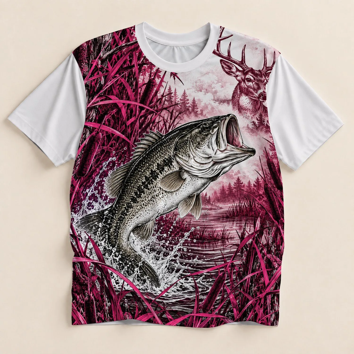 Bass and Deer Wilderness Scene for Fishing, Hunting and Outdoor Recreation Enthusiasts All-over Print Unisex T-shirt - 1