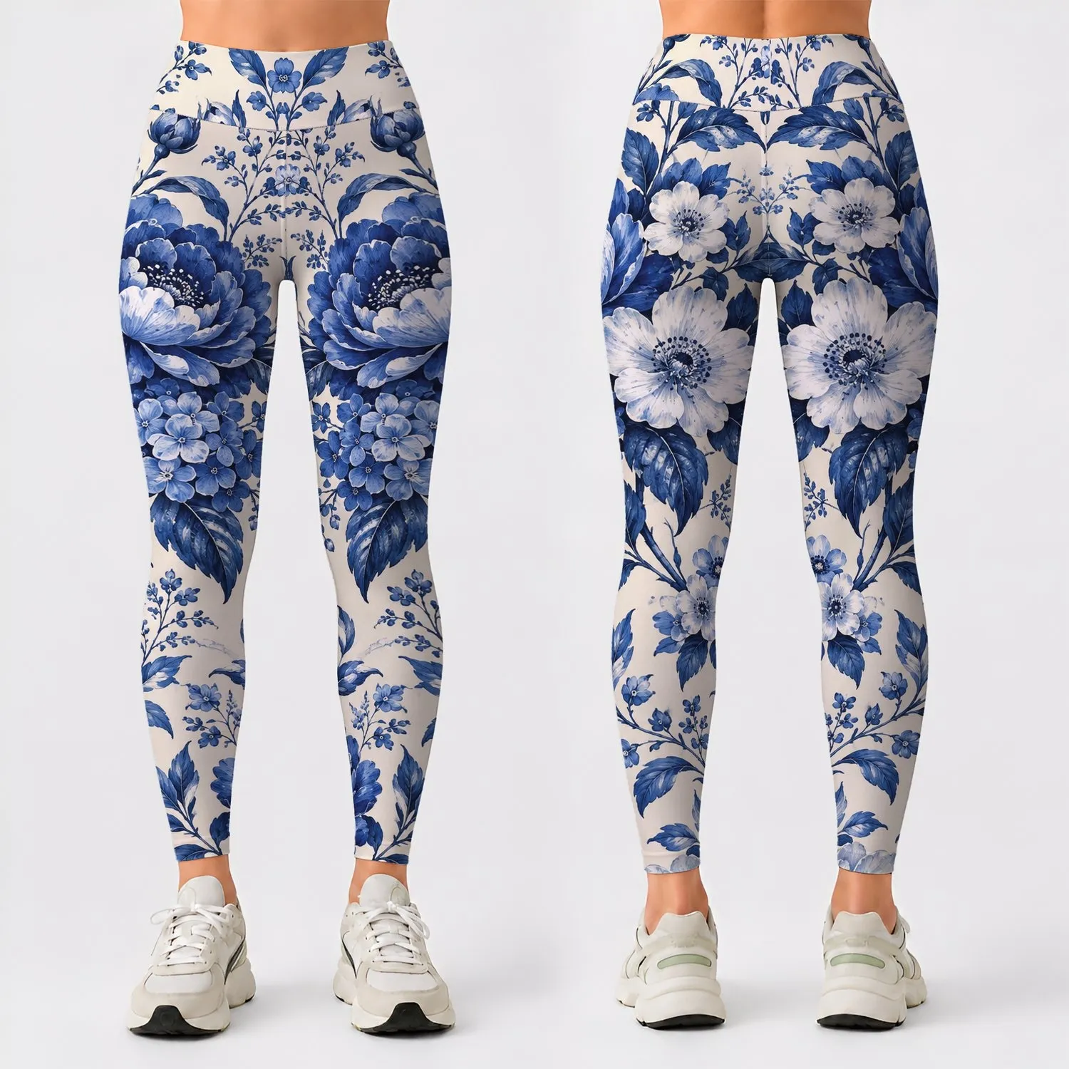 Indigo Blue Botanical Blooms and Vines for Relaxed Spring and Summer Garden Outings Leggings - 1