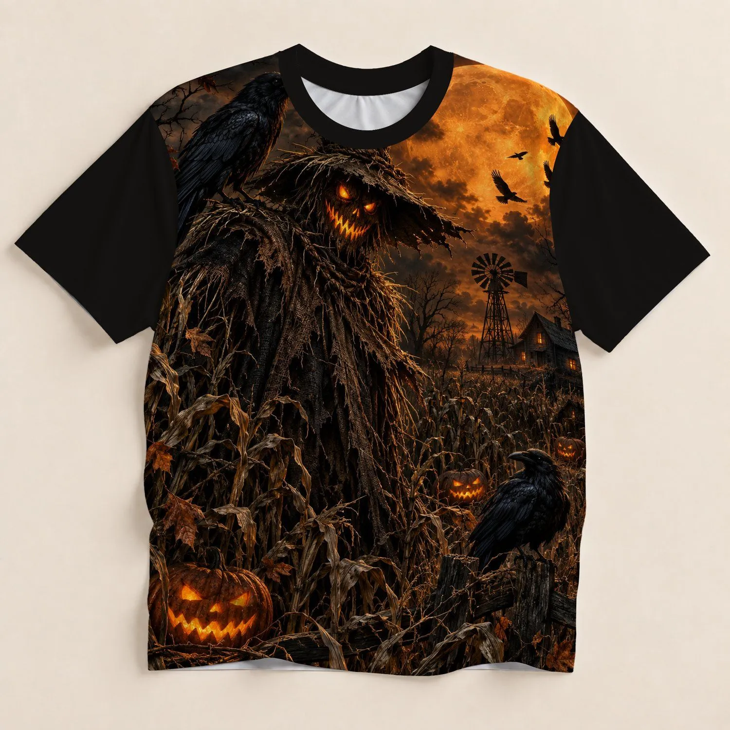 Glowing Pumpkin Scarecrow and Raven Halloween Night for Autumn Party Wear All-over Print Unisex T-shirt - 1