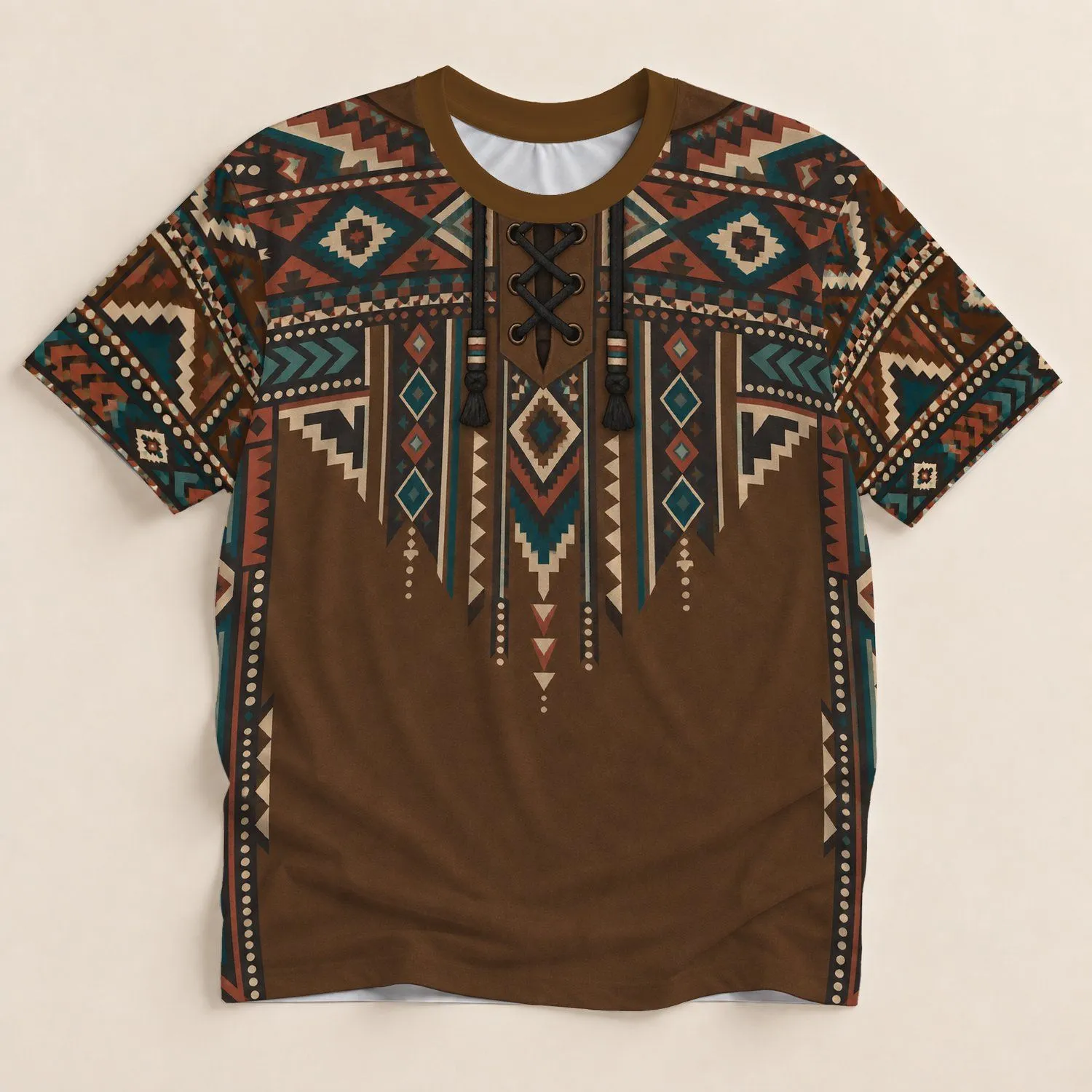 Brown Geometric Hooded Tunic Surface for Casual Outdoor Gatherings and Weekend Wear All-over Print Unisex T-shirt - 1